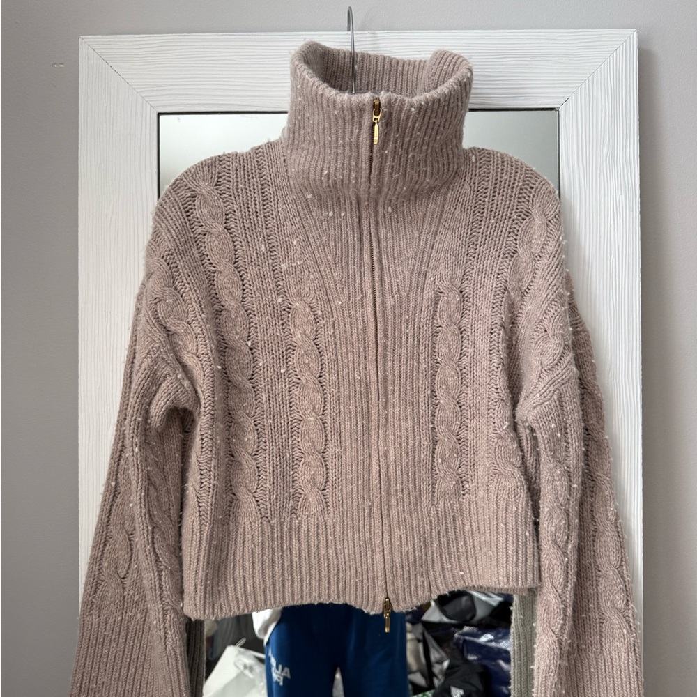 Abercrombie and Fitch Cozy Cable-Knit Zip Mock Neck Sweater - Taupe